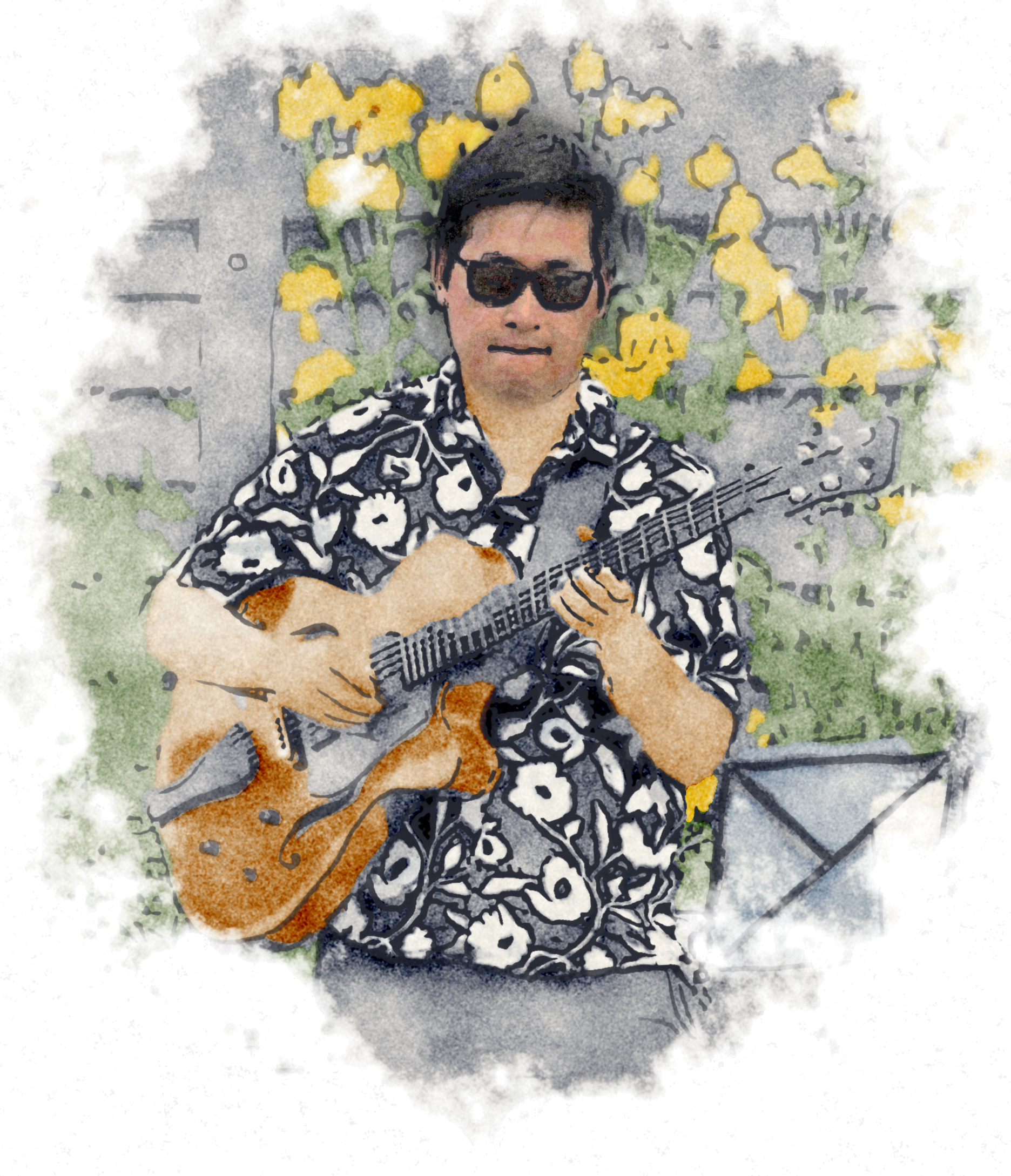 Zhanpeng Yang with a hollow-body guitar, stylised portrait
